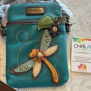 Chala Crossbody Bag Blue and Brown with Dragonfly Appliqué